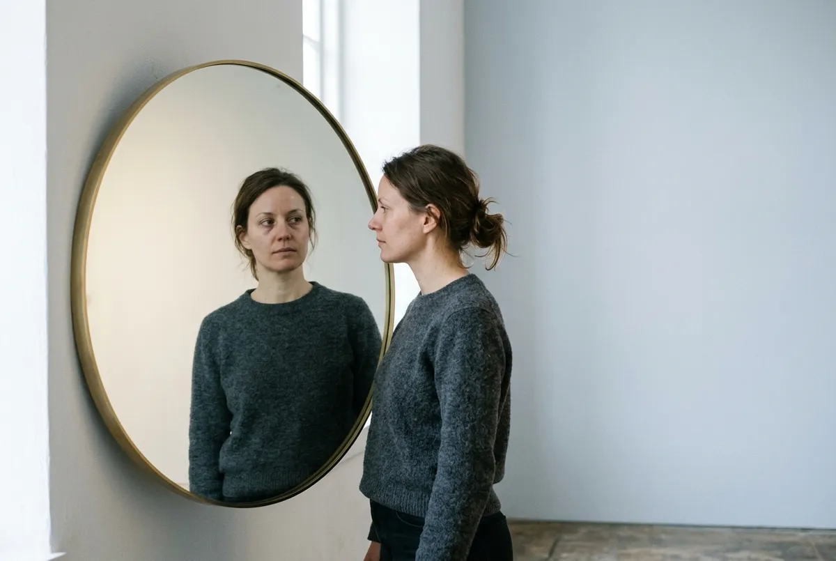 A person calmly meeting their own honest reflection in a circular mirror, in soft natural light
