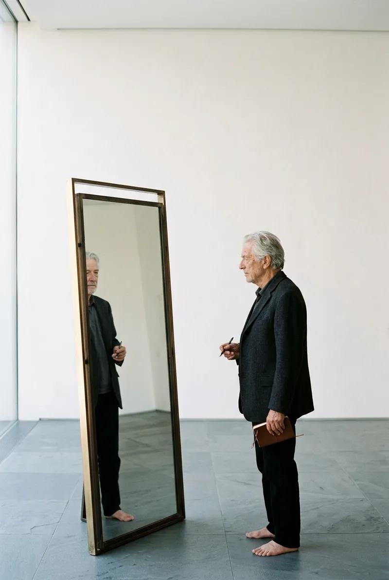 A man quietly regarding his faithful reflection in a standing mirror in a bright gallery